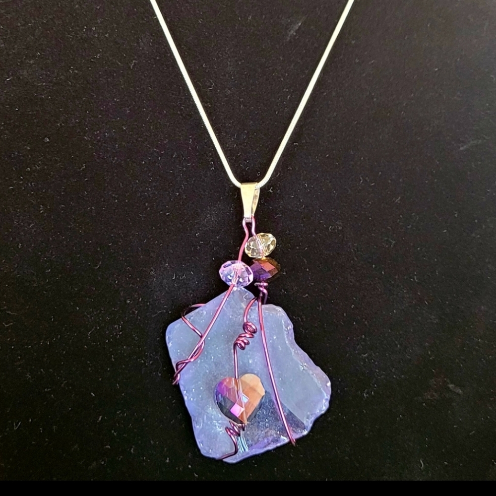 Sea Glass Wire Wrapped Swarovski Crystal Necklace